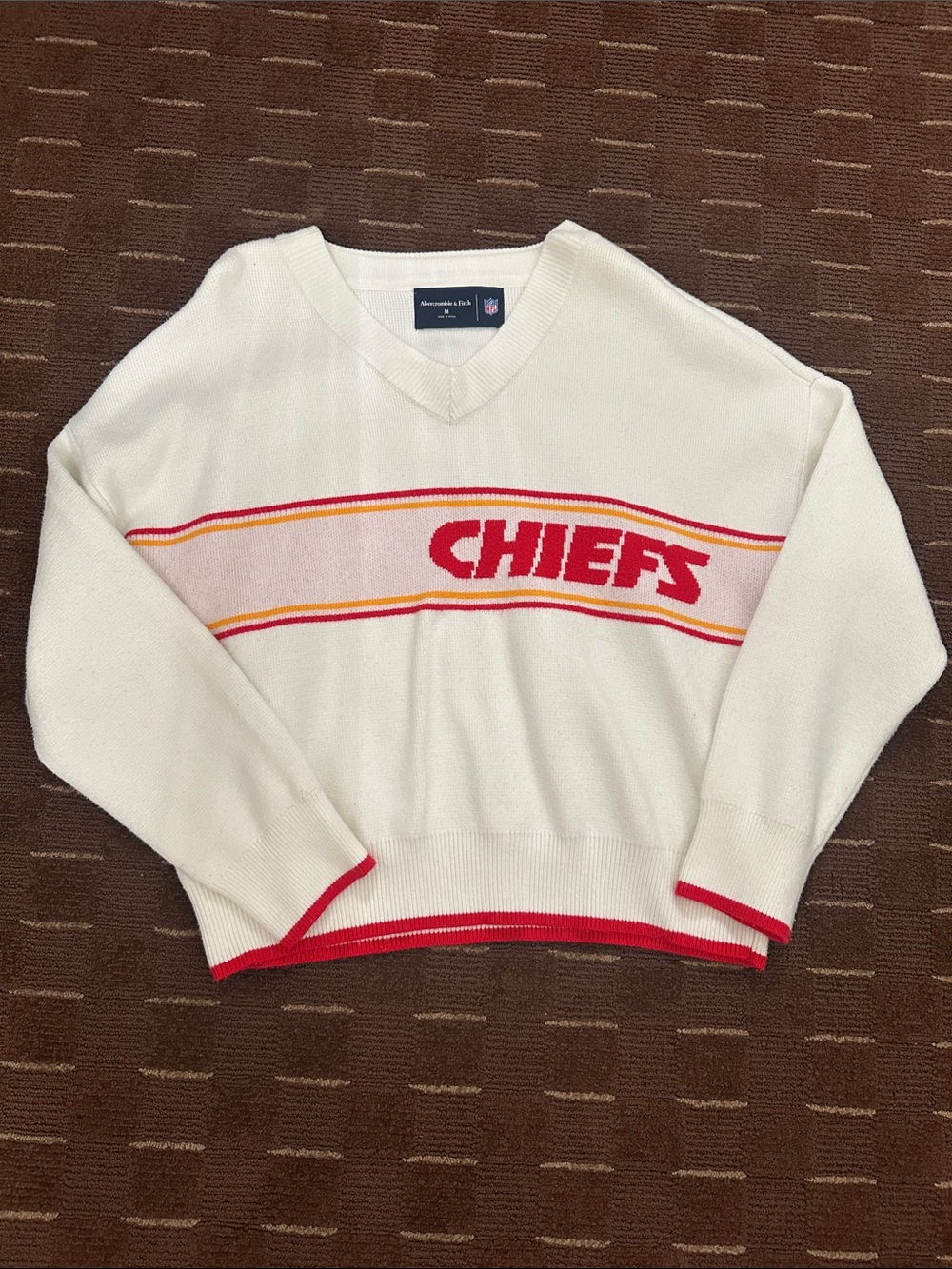 Abercrombie & Fitch White V-Neck 'CHIEFS' Sweater with Red and Yellow Trim